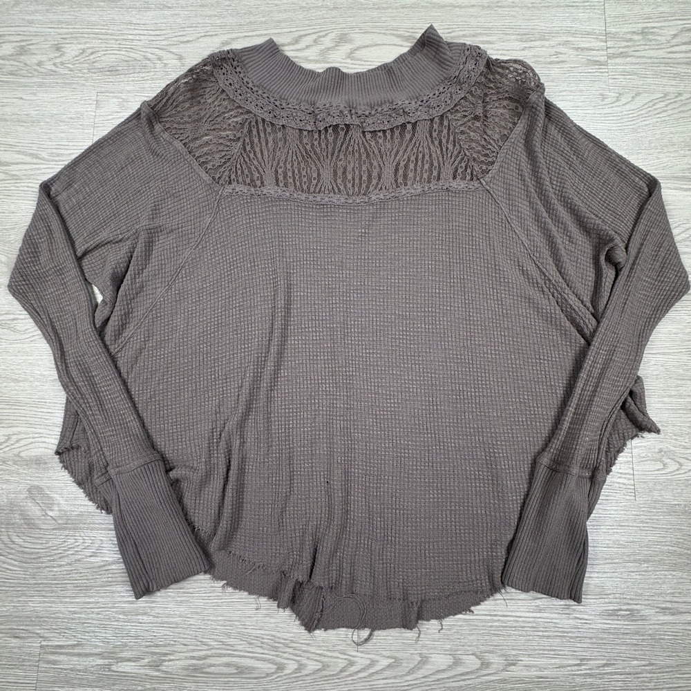 Free People Women's Thermal Top Crochet Lace Yoke Waffle Knit Gray XS Boho